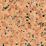 Zdjęcie płytki lastryko RONUV terrazzo o ciepłej, pomarańczowej tonacji z widocznymi drobinkami kruszywa w odcieniach czerni, szarości i beżu, idealnej do wnętrz mieszkalnych i komercyjnych.